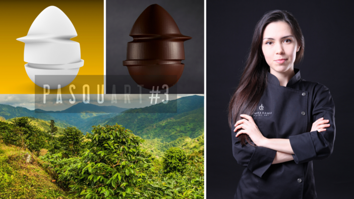 Nel collage: il rendering e la realizzazione di Pasquart #3; la piantagione di cioccolato della riserva naturale di Bath Fountain in Giamaica; la pasticcera ucraina Dinara Kasko
