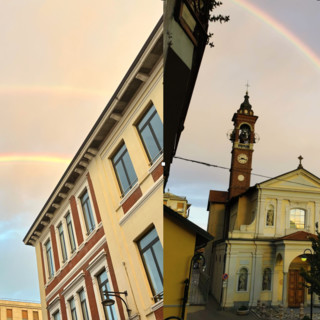 L'arcobaleno tra i palazzi in centro a Busto; poi colori sulla chiesa di Samarate grazie a Valentino Celotto
