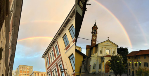L'arcobaleno tra i palazzi in centro a Busto; poi colori sulla chiesa di Samarate grazie a Valentino Celotto